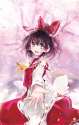 ascot black_hair blush bow brown_eyes cherry_blossoms female hair_bow hair_tubes kurudaz petals short_hair skirt smile solo touhou-c291878d75c356f8e01cd6db184a6595.jpg