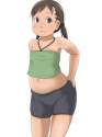 lolibooru 59562 1girl blush brown_eyes brown_hair fang hentai_oyaji midriff original plump solo spats twin_tails.jpg
