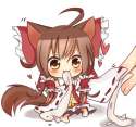 _3 ahoge animal_ears barefoot blush bow brown_eyes brown_hair cat_ears cat_tail detached_sleeves dress eating female fish hair_bow hair_tubes japanese_clothes kemonomimi_mode miko minigirl red_dress sitting ta.png