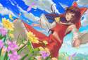 1girl bow brown_hair cloud detached_sleeves field flower flower_field hair_bow hair_tubes long_hair muireko open_mouth sarashi sky smile solo touhou-b184c6816a5cdb84f5c4d60dbbcef219.jpg