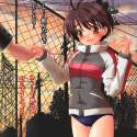 1008096 - 1girl black_hair brown_eyes buruma fence idolmaster jacket kikuchi_makoto nzack power_lines raglan_sleeves short_hair solo track_jacket translated.jpg