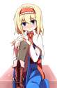 1girl black_legwear blonde_hair blue_eyes blush boots cross-laced_footwear female hairband looking_at_viewer pantyhose shamo_(koumakantv) short_hair sitting solo touhou white_background-8ff0a0d6086aefb208f9.jpg