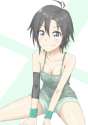 1960002 - 1girl antenna_hair arm_warmers bare_shoulders between_legs black_hair breast_squeeze breasts camisole cleavage collarbone hand_between_legs idolmaster kikuchi_makoto purple_eyes shirt short_hair shorts shunic.jpg