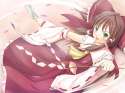 _) 1girl _d bad_id blush bow brown_hair detached_sleeves female gohei green_eyes hair_bow japanese_clothes long_hair midriff miko ofuda open_mouth petals smile solo tenkuu_nozora touhou-c79770d44ac79cbee579794.jpg