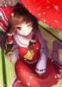 1girl ;) ascot barefoot blush brown_hair cherry_blossoms detached_sleeves frills hair_ornament hair_ribbon hair_tubes japanese_clothes long_hair long_sleeves looking_at_viewer miko nemunemu_(bluelight5) one_ey.png