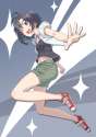 1036537 - _d 1girl antenna_hair armpit_peek black_hair blue_eyes camisole hood hooded_jacket idolmaster jacket kikuchi_makoto midriff mofu navel no_socks open_mouth outstretched_hand shoes short_hair shorts smile sneak.jpg