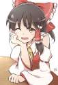 1girl ;d blush bow brown_eyes brown_hair chin_rest detached_sleeves frills hair_bow hair_tubes highres japanese_clothes long_hair looking_at_viewer miko one_eye_closed open_mouth smile solo table touhou yutama.png