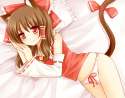 animal_ears ascot bare_shoulders blush bow brown_hair cat_ears cat_tail detached_sleeves hair_bow hair_tubes kemonomimi_mode lying miko navel nikoo no_pants on_side panties pillow red_eyes ribbon short.jpg