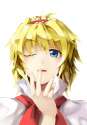 ahoge blonde_hair blue_eyes blush bust capelet chaigidhiell close close-up face hair_bow hairband hands highres lips nail_polish necktie open_mouth short_hair shy simple_background solo touhou white_backgr.jpg