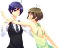 608493 - 1boy 1girl akizuki_ryou androgynous antenna_hair bad_id bare_shoulders blue_eyes blue_hair blush brown_eyes brown_hair cresc-dol crossdressing dress idolmaster idolmaster_dearly_stars kikuchi_makoto one_eye_cl.jpg