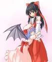 s - 227685 - 2girls bat_wings black_hair blush bow brown_eyes closed_eyes detached_sleeves dress hair_bow hair_tubes hakurei_re.jpg