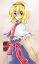 1girl belt blonde_hair blue_dress blue_eyes blush book capelet dress female grimoire hairband hakui_ami holding holding_book looking_at_viewer short_hair simple_background solo touhou white_background-8f7c2.jpg