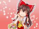 1girl ascot blush bow brown_hair detached_sleeves dress eyes_closed female food fruit hair_bow hair_tubes hand_on_own_cheek hand_on_own_face happy ice_cream japanese_clothes kiwifruit melon miko monrooru pinky.jpg