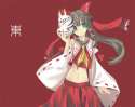 aqua_eyes bow brown_hair crop_top detached_sleeves fox_mask green_eyes hair_bow hair_tubes mask midriff nabeshima_tetsuhiro navel red solo touhou-f729b139e262c3dcb3f7d801860bf27d.jpg