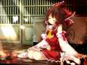 1girl ascot bow brown_hair butterfly closed_eyes detached_sleeves gengetsu_chihiro glowing gohei hair_bow hair_tubes highres long_hair long_sleeves shirt silver_hair sitting skirt skirt_set sleeping smile solo.jpg