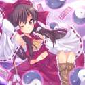 armpits boots brown_hair detached_sleeves gohei hair_ribbon midriff navel nonaka ofuda red_eyes ribbon sarashi touhou wink yin_yang-3a7d81991c701997db0a1d0f0e96a7f6.jpg