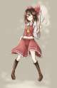 1girl ;) ascot bow brown_eyes brown_hair cross-laced_footwear detached_sleeves frilled_skirt frills gohei hair_bow hair_tubes nontraditional_miko one_eye_closed ribbon-trimmed_sleeves ribbon_trim short_hair sk.png