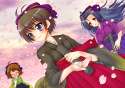 s - 357376 - 3girls ahoge antenna_hair awakened_miki bad_id blue_hair brown_hair cherry_blossoms dutch_angle hakama hoshii_miki idolmaster ja.jpg