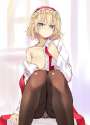 1girl bare_shoulders black_legwear blonde_hair blue_eyes breasts dress_shirt female hairband knees_together_feet_apart nabeshima_tetsuhiro no_bra no_pants off_shoulder panties panties_under_pantyhose pantyh.jpg