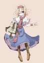 1girl blonde_hair blue_dress blue_eyes book boots capelet cross-laced_footwear dress female foreshortening frills grimoire hairband highres keyhole lace-up_boots mochiki no_nose one_eye_closed pantyhose pet.png