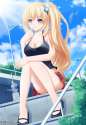 s - 2752234 - 1girl alternate_hairstyle artist_name bare_shoulders blonde_hair blue_eyes blush breasts casual choujige.jpg