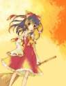_o black_hair bow broom detached_sleeves frills hair_bow hidari(pixiv183380) hidari_(artist) hidari_(coletica) ribbon sarashi skirt sunset touhou yellow_eyes-eab6552466bc3c91463405c544315774.jpg