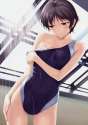 187236 - 1girl black_hair brown_eyes competition_swimsuit highres idolmaster kikuchi_makoto one-piece_swimsuit short_hair shower solo swimsuit tanaka_shoutarou undressing wet.jpg