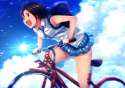 2108634 - 1girl antenna_hair armpit_peek bag bicycle black_hair ground_vehicle idolmaster ima_(lm_ew) kikuchi_makoto motion_blur necktie open_mouth plaid plaid_skirt school_uniform short_hair skirt smile solo sun.jpg