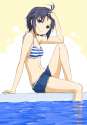 1170537 - 1girl ahoge antenna_hair arm_support bare_shoulders bikini black_hair breasts brown_eyes cleavage cutoffs denim denim_shorts hand_in_hair highres idolmaster kikuchi_makoto nagian navel partially_submerged sho.jpg
