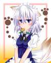 1girl animal_ears biscuit blue_eyes bow braid dog_ears dog_tail fule hair_bow hair_ribbon highres kemonomimi_mode looking_at_viewer maid maid_headdress mouth_hold ribbon short_hair silver_hair solo tail touhou.jpg