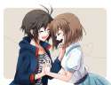 1437177 - 2girls antenna_hair black_hair blush brown_hair closed_eyes collarbone hagiwara_yukiho heart idolmaster kikuchi_makoto long_sleeves multiple_girls name_row open_mouth puffy_sleeves short_hair short_sleeves.jpg