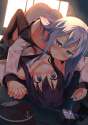 yande.re 359573 ass bottomless hibiki_(kancolle) kantai_collection kawai_(purplrpouni) loli no_bra open_shirt pantyhose seifuku symmetrical_docking thighhighs yuri.jpg