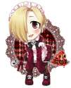 No Artist - 1girl apron bags_under_eyes black_legwear blonde_hair blush brown_eyes chibi dress earrings food hair_over_one_eye idolmas.jpg