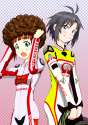 1057784 - 2girls ahoge bad_id black_hair blush bodysuit green_eyes helmet idolmaster kikuchi_makoto marco_simoncelli multiple_girls ogyomo open_mouth product_placement purple_eyes short_hair smile takatsuki_yayoi wig.png