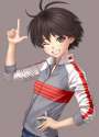 2074248 - 1girl antenna_hair black_eyes black_hair fingers hand_on_hip idolmaster kikuchi_makoto nekopuchi one_eye_closed short_hair sleeves_rolled_up smile solo.jpg