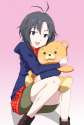 1024725 - 1girl antenna_hair black_eyes black_hair boots gradient gradient_background hood hoodie idolmaster idolmaster_2 kikuchi_makoto looking_at_viewer open_mouth pink_background ribonzu short_hair sitting skirt sol.jpg