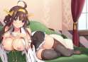 blush breasts brown_hair cleavage headband japanese_clothes miko nakano_sora nipples open_shirt panties purple_eyes skirt thighhighs underwear.jpg