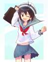 2371057 - 1girl antenna_hair bag bangs black_eyes black_hair collarbone hat hiboshi_daizu highres holding idolmaster kikuchi_makoto long_sleeves navel neckerchief one_eye_closed open_mouth pleated_skirt ribbon sailor_h.png