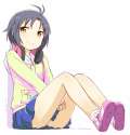 1808562 - 1girl antenna_hair black_hair blush brown_eyes headphones headphones_around_neck idolmaster kikuchi_makoto nagian short_hair sitting skirt smile solo.jpg
