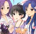 620836 - 3girls black_hair blue_eyes blue_hair brown_eyes face flower gloves hair_flower hair_ornament idolmaster kikuchi_makoto kisaragi_chihaya miura_azusa multiple_girls open_mouth petals purple_hair red_eyes taira_.jpg