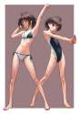 2346805 - _3 ^_^ 1girl antenna_hair arm_up armpits barefoot bikini black_eyes black_hair closed_eyes competition_swimsuit dual_persona front-tie_top full_body idolmaster kikuchi_makoto navel nekopuchi one-piece_swimsui.jpg