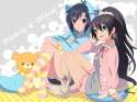 1078325 - 2girls aqua_eyes black_hair earrings fang ganaha_hibiki gloves hood hoodie idolmaster jewelry kikuchi_makoto kneehighs kyu long_hair multiple_girls ponytail purple_eyes short_hair shorts sitting smile socks s.jpg