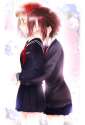 2171935 - 2girls amami_haruka antenna_hair black_hair black_serafuku brown_hair closed_eyes green_eyes hair_ribbon haru_(konsomeneko) highres hug hug_from_behind idolmaster kikuchi_makoto multiple_girls ribbon school_u.jpg