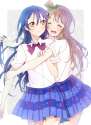 s - 2261675 - _d ^_^ 2girls arm_grab backlighting blonde_hair blue_hair bow bowtie brown_eyes dress_shirt eyes_closed hug long_hai.jpg