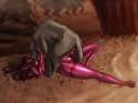 purple elf strokes dog and open mouth licked.jpg