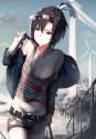 2206104 - 1girl antenna_hair belt black_hair hews_hack highres idolmaster kikuchi_makoto purple_eyes short_hair solo striped_tank_top sunglasses sunglasses_on_head.png