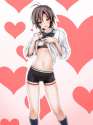 1629502 - 1girl antenna_hair bow bowtie brown_eyes brown_hair cameltoe contrapposto cowboy_shot heart heart_background highres idolmaster kikuchi_makoto long_sleeves looking_at_viewer midriff navel open_mouth ousanshouou.jpg