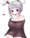 _ alternate_costume alternate_hairstyle animal_ears bare_shoulders blush breasts bunny_ears casual collarbone hair_up han64 han_(jackpot) heart huge_breasts looking_at_viewer naked_sweater purple_hair.png
