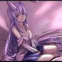1girl bare_shoulders blush breasts cleavage collarbone frown kneeling long_hair off_shoulder on_bed pleated_skirt purple_hair red_eyes skirt solo tommy_(ha_kka) touhou-55a97e8b6ad4bb746577160b2b7504f1.jpg