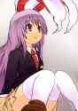 _ _o animal_ears blazer bunny_ears crescent face halftone halftone_background komito necktie open_mouth purple_hair red_eyes sitting skirt solo thigh-highs thighhighs touhou white_legwear white_thighhi.jpg